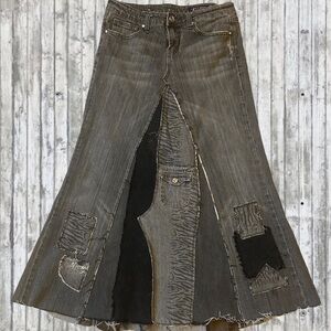 Upcycled patched vigoss grey denim jean maxi skirt